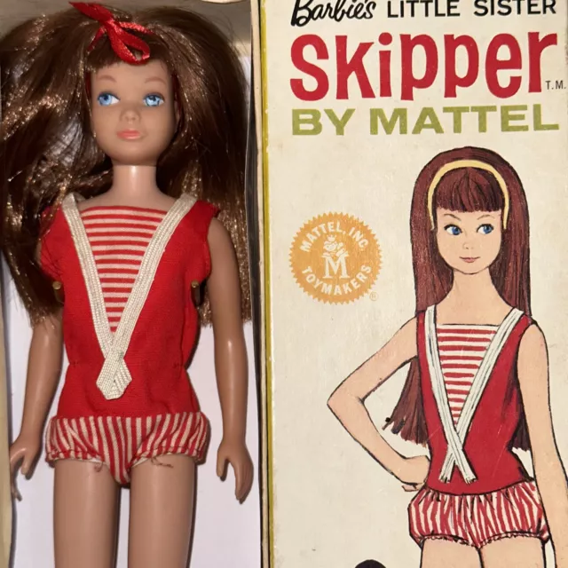 Vintage Skipper 1963 Doll, Box, Stand, Swimsuit, by Mattel, brunette #0950 🔴🟢