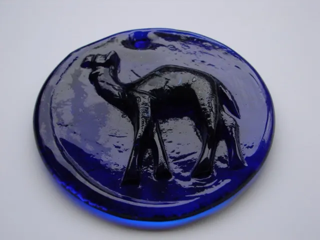 Vintage Pressed Blue Glass Camel Suncatcher  4 1/4" Round Ornament
