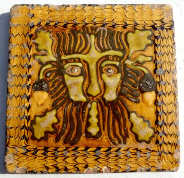 Antique 17th or 18th Century Slip Glaze Pottery Tile Grotesque Head Bearded Face