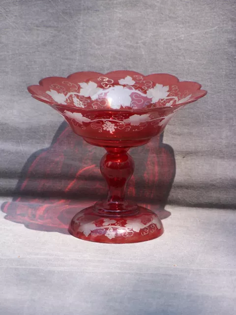 Vintage Ruby Red Flash Scalloped Compote on Pedestal Base Cut to Clear Grapevine