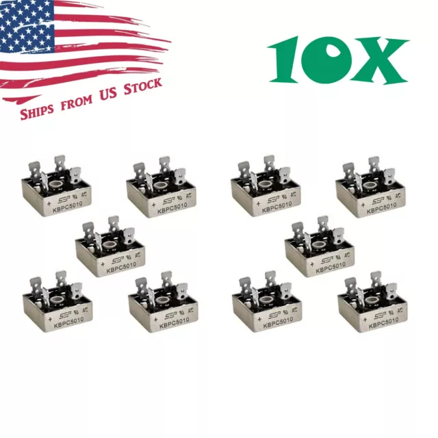 10Pcs 1000V 50A Metal Case Single Phase Diode Bridge Rectifier KBPC5010 10X