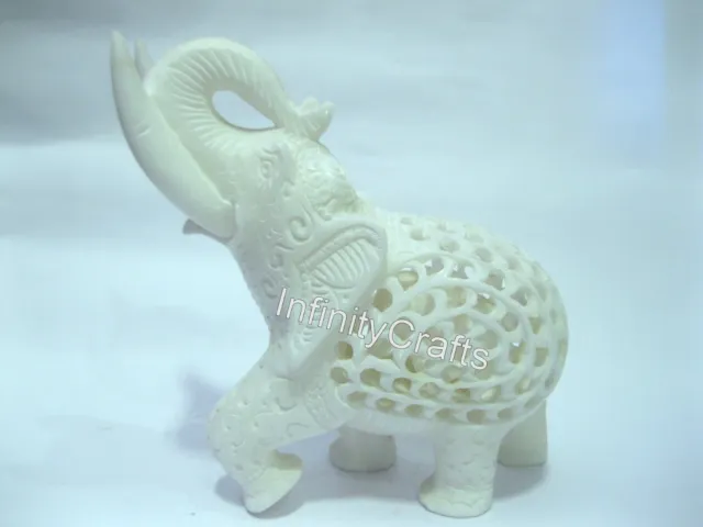 08 Inches White Marble Giftable Elephant Statue Filigree Work Up Trunk Elephant