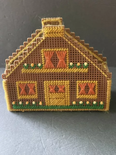 Vintage Handcrafted Needlepoint House Cottage Brown Gold Letter/Napkin Holder