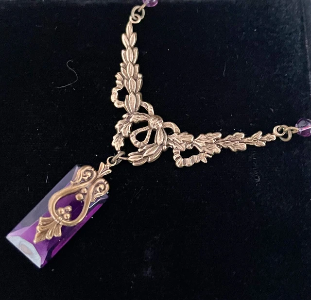 Vintage Necklace Art Nouveau Lavaliere Pendant Antique Purple Czech Glass Drop