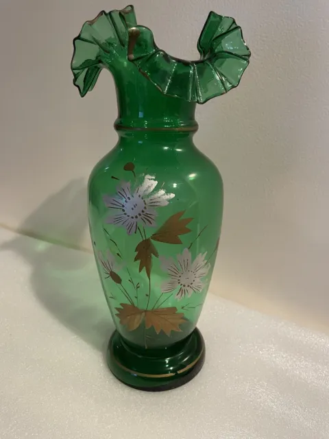 Hand Painted Blown Glass Vase Emerald Green with Ruffled Edges