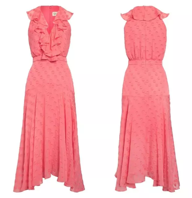 SALONI Rita Womens Sleeveless V-Neck Ruffle Midi Dress in Watermelon Pink Size 2
