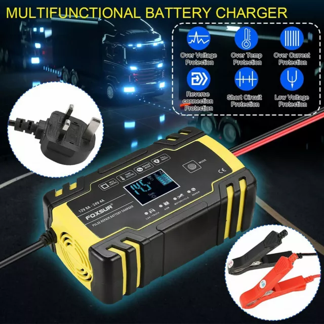 8 Amp Intelligent Car Battery Charger Pulse Repair Starter 12V/24V AGM/GEL UK