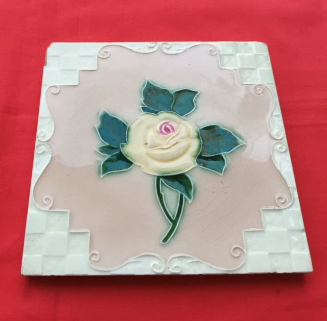 1 Piece Old Art Flower Design Embossed Majolica Ceramic Tiles Japan 0255 2