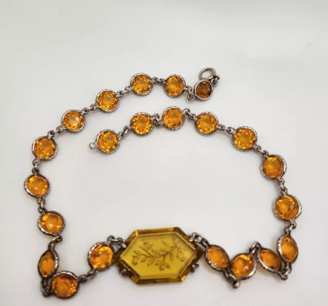 Vintage Necklace Sterling Silver Open Back Point Glass Carved Etched Deco...