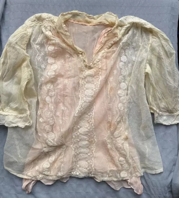 Superb Französisch Antik Edwardianisch Bluse Rosa Chiffon, Bestickte Seide Tüll