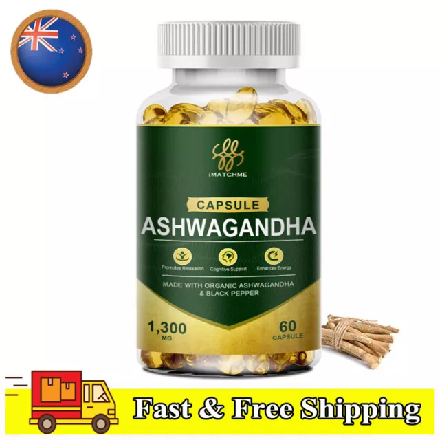 Organic Ashwagandha 1300mg with Black Pepper Root Powder Anti-Anxiety Relief 60~