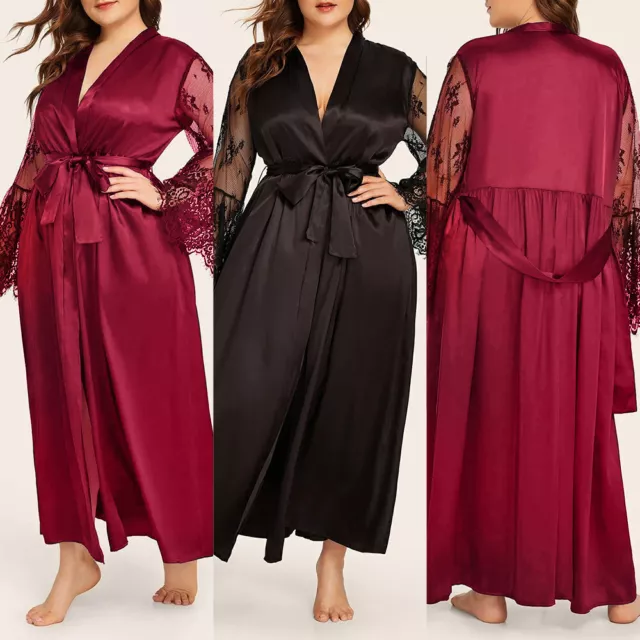 Sexy Womens Silk Satin Lace Dressing Gown Bath Robe Nightwear Kimono Plus Size