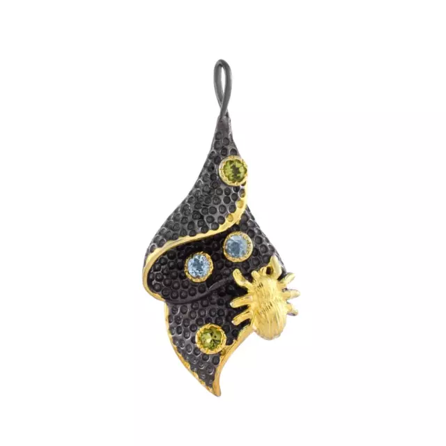 Natural Peridot Blue Topaz Black Rhodium Gold Plated Handmade Pendant Necklace