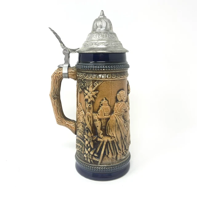 GERZ Beer Stein Pewter Lid Tavern Scene 11" Vintage West Germany