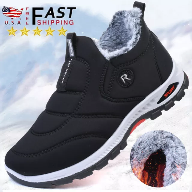 Men Winter Ankle Snow Boots Slip on Fur Lined Outdoor Waterproof Casual Shoes US
