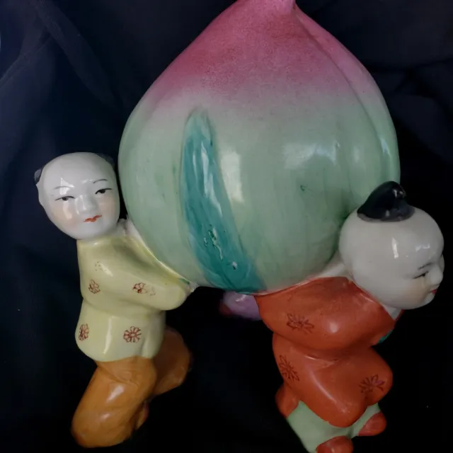 Vintage Chinese Porcelain Figurine 3 Boys Holding Large Longevity Peach