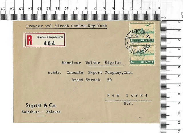 1946 FFC Premier vol direct Geneve Helvetia New York USA R-Zettel exp let; 61670