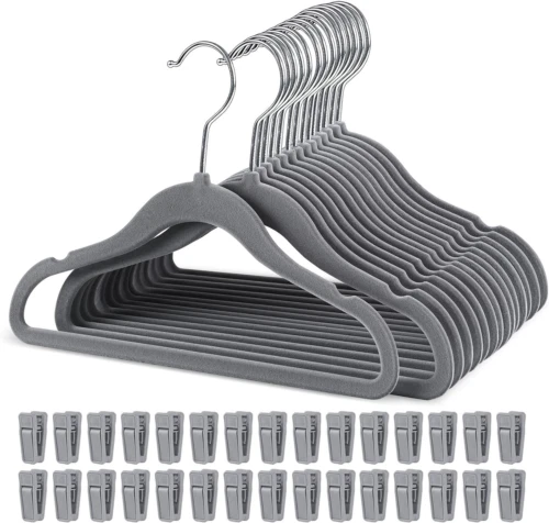 Appendiabiti in velluto grigio bambino HOUISM con 30 clip per dita, grigio-15 pz