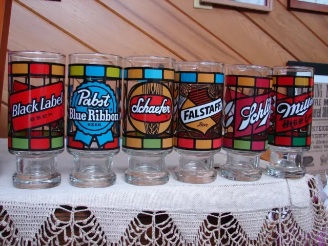 6 Vintage 1970's Beer Glasses Black Label Pabst Schaefer Falstaff Schlitz Miller