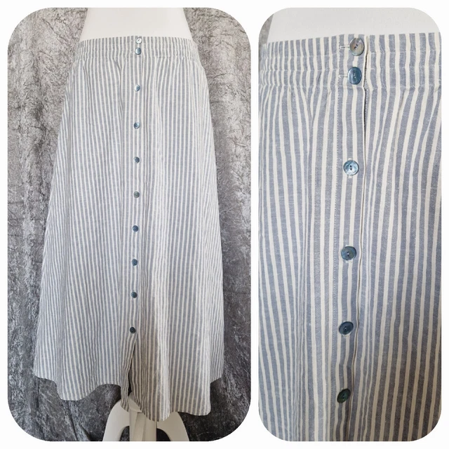 Maxirock Langer Rock Eileen Fisher Hanf Baumwolle Blau Weiß Gestreift Geknöpft
