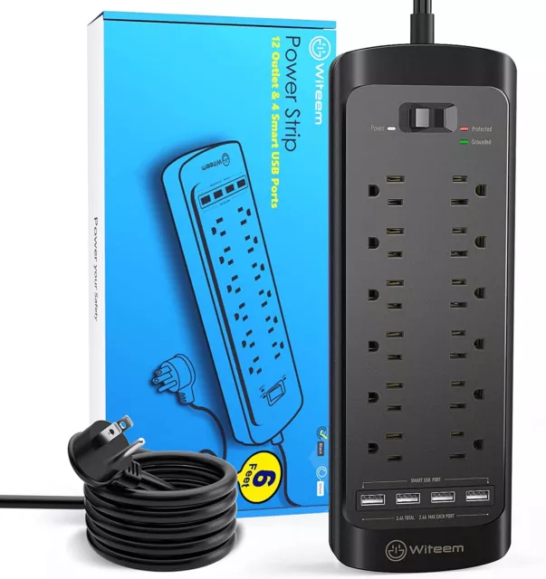 Power Strip Witeem with Surge Protector, 12-Outlet 4 usb charging ports Black