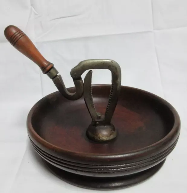 VTG MCM Wood Walnut Nut Bowl With Attached Metal Nutcracker 8.5" round