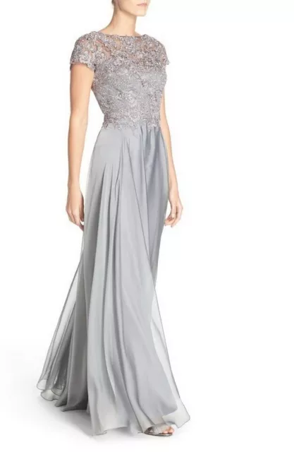 La Femme Silver Lace Platinum Sparkle Satin A-line Gown Size 16 $460