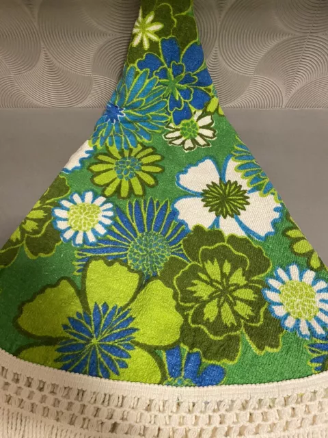 Rad Retro 48” Round Terry Table Cloth Flowers Fringe Green Awesome