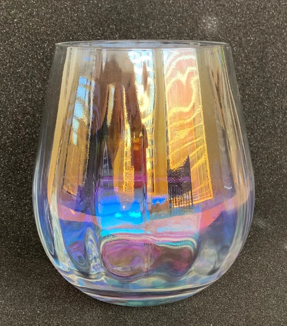 Iridescent Art Glass Tumbler Form Paneled Vase, Hand Blown Carnival Glass Colors