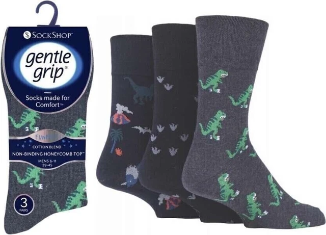 Men's Socks Cotton 3 Pair Non-Elastic Diabetic 6-11 Novelty Dinosaur Gentle Grip