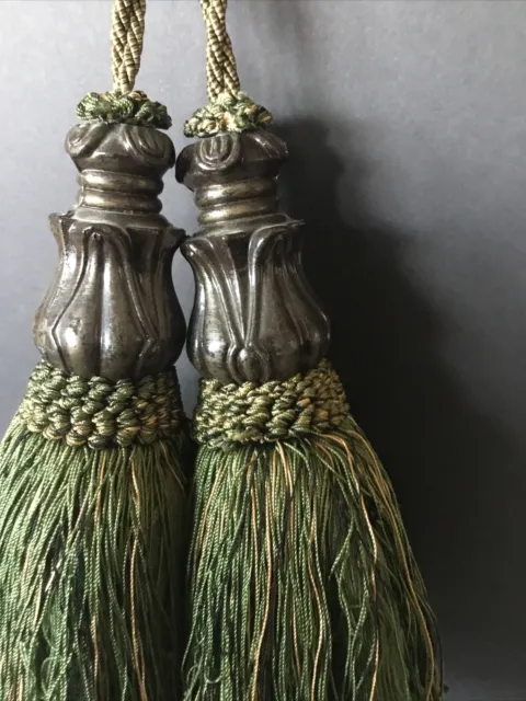 Pair of Large Green Tassels with Twisted Rope Design Drape/Curtain Ties 8 Inch V