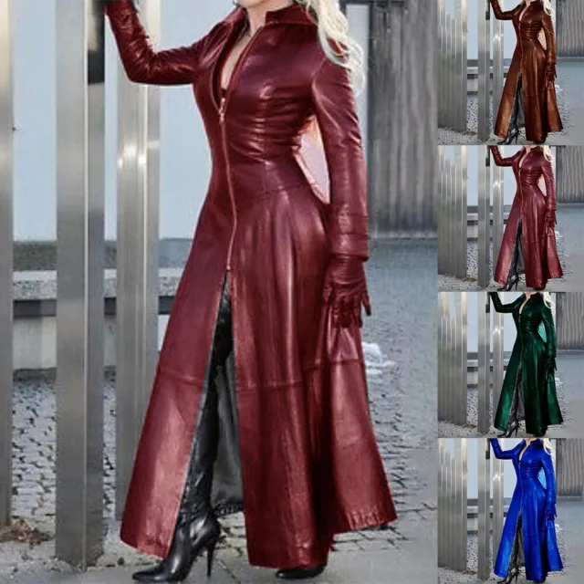 Fashionable Womens PU Leather Trench Coats Long Parka Windproof Windbreaker