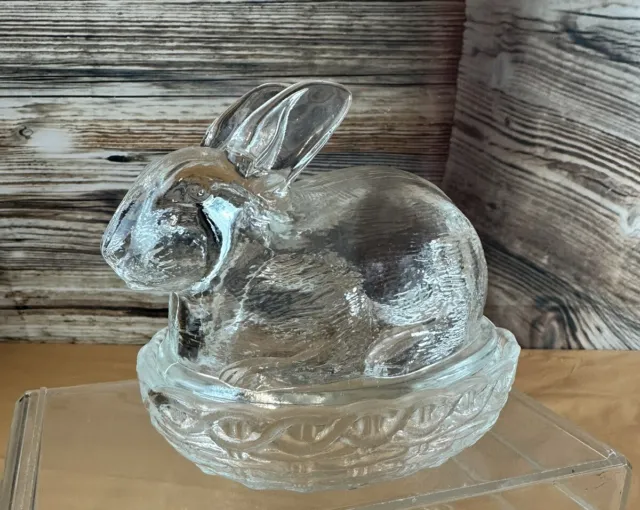 Vtg Clear Pressed Glass Easter Bunny Nesting Basket Candy Dish Decor