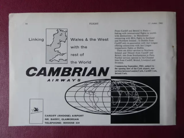 4/1961 Pub Cambrian Airways Wales Cardiff Bea Aer Lingus Original Ad