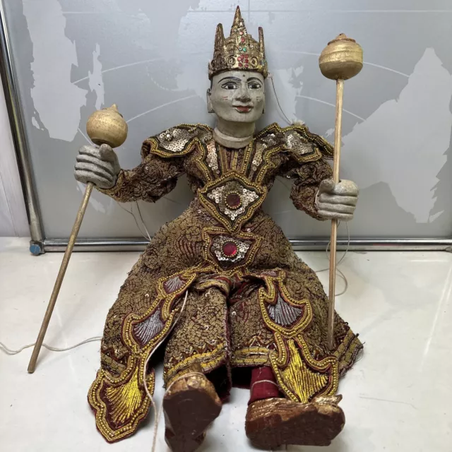 Thai Burmese Ornate Marionette String Puppet Large Hand Carved Wood Rare Vintage