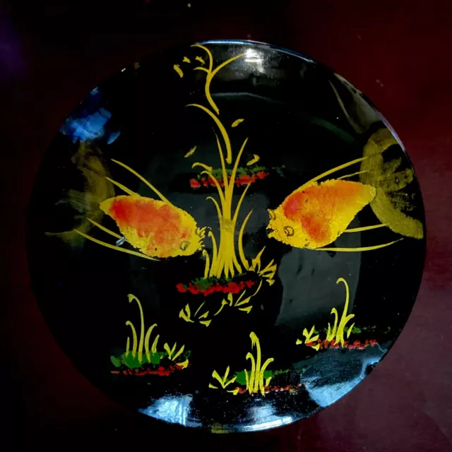 Vintage Chinoiserie GoldFish/Koi Round Ceramic Trinket Box W/ Black Lacquer