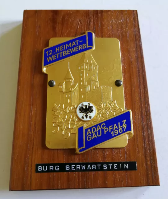 Plakette 12. Heimat Wettbewerb 1967 ADAC Gau Pfalz auf Holzplatte Emblem Sammler