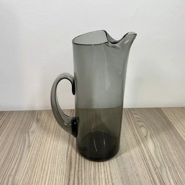 Vintage Tall Smokey Grey Glass Jug Pitcher Carafe Pinched Spout 9"