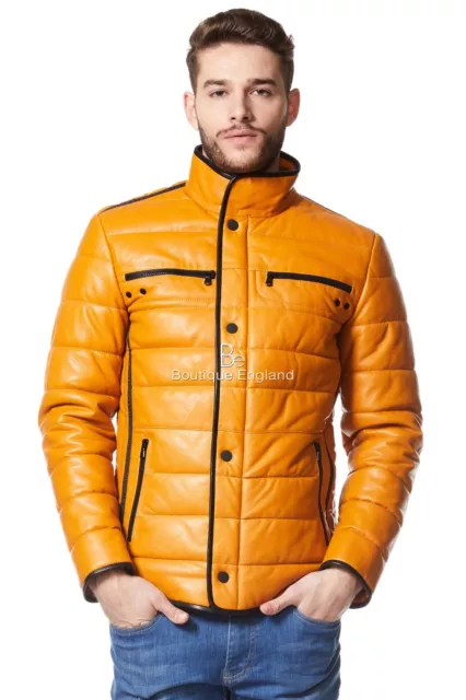 Cage Men's Yellow Quilted Real Leather With Black Trimming Biker Lambskin Jacket