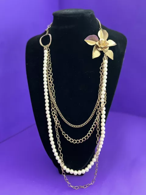 VTG Long Gold Tone Pearl Bead & Chain Multi Strand Necklace Flower accent SALE!