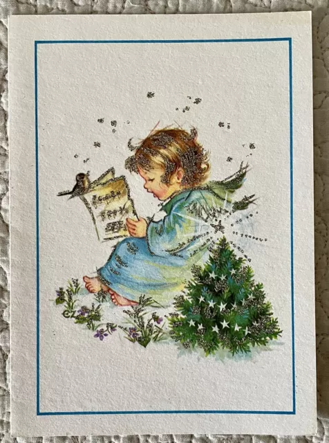 Unused Christmas Angel Girl Bird Tree Retro Vintage Greeting Card 1960s 1970s