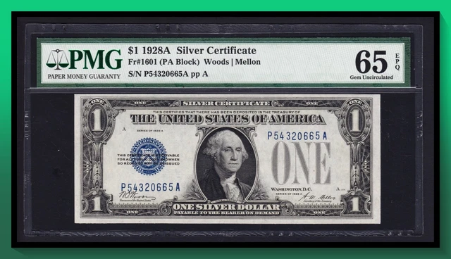 Fr. 1601 1928A $1 Silver Certificate *FUNNY BACK* PMG 65 EPQ GEM UNC