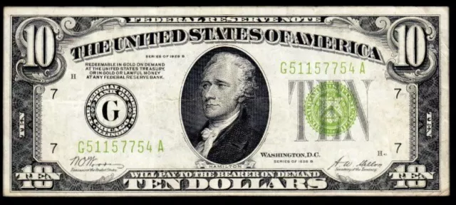 1928B Chicago $10 “Gold on Demand” LGS Light Green Seal Federal Reserve Note VF+