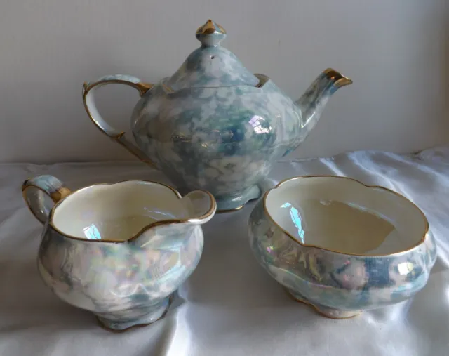 Vintage Royal Winton Chintz BLUE BROCADE Teapot and Cream and Sugar