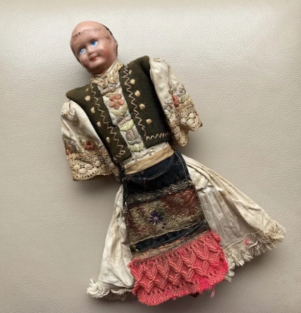 Antique Bisque Doll 1910s Cloth Dressed Embroidery Lace Sleeves Hand Painted Old