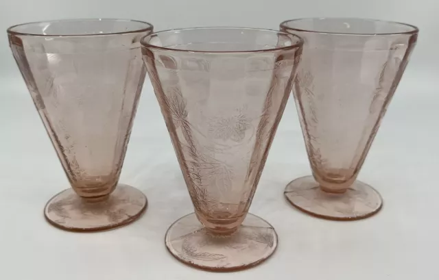 Set of 3 Vintage Pink Depression Glass Footed Tumbers - Jeanette Poinsettia