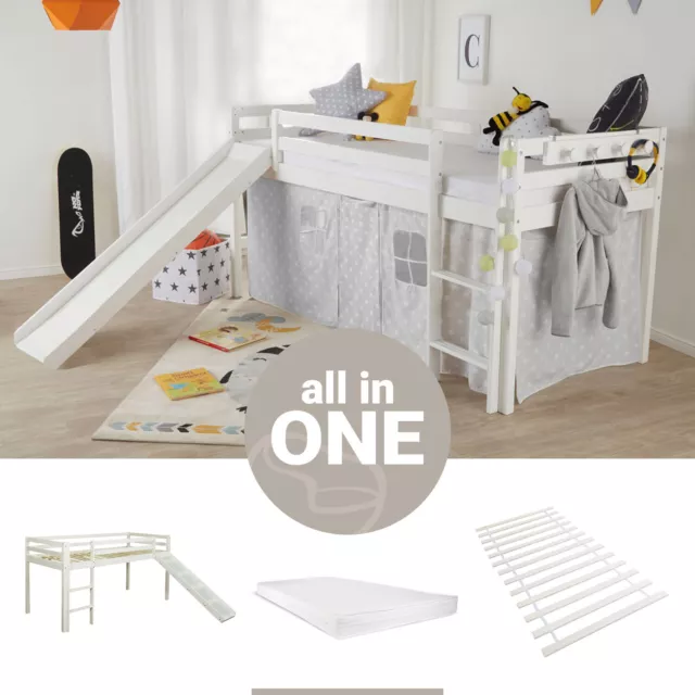 Lit superposé mezzanine enfant 90x200 matelas tobbogan lattes blanc Homestyle4u