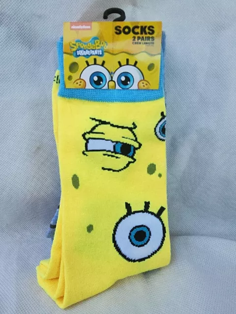 Sponge Bob Men's Crew Socks 2-PACK Blue Stripe Yellow Large Size 8-12