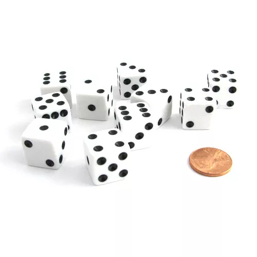 Set of 10 Six Sided Square Opaque 16mm D6 Dice - White with Black Pip Die