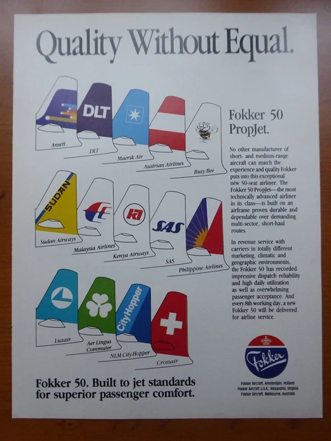 1990'S Pub Fokker 50 Aer Lingus Dlt Sas Crossair Luxair Busy Bee Ansett Tail Ad